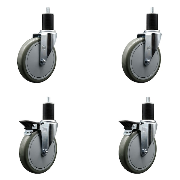 6'' Gray Poly Wheel Swivel 1-3/4'' Expanding Stem Caster Set 2 Brakes, 4PK